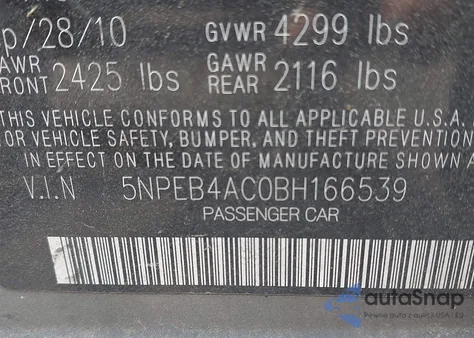 2011 Hyundai Sonata Gls from USA, damaged, VIN 5NPEB4AC0BH166539